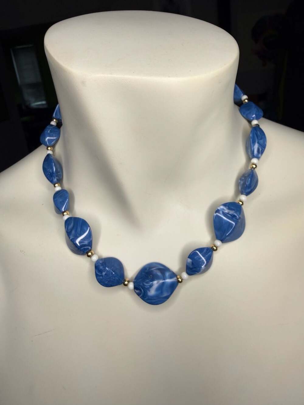 Vintage Blue and White Marbled Twisted Bead Necklace with Gold Spacers